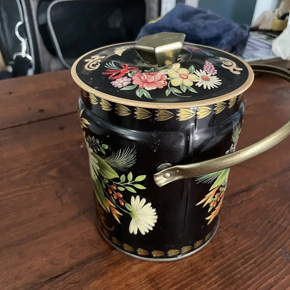 Vintage Floral Embossed Tin Pail Bucket W/ Lid Murray Allen Confections 5.5